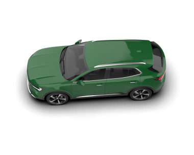 Beyaz arka planda uzun gölgeli modern yeşil araba. 3d oluşturma