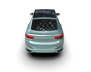 Arka planda gerçekçi bir SUV arabası var. 3D görüntüleme - illüstrasyon.