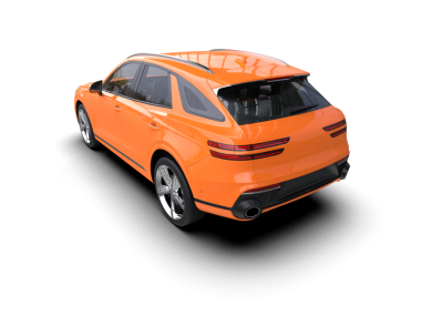 Turuncu araba arka planda izole edilmiş. 3D görüntüleme - illüstrasyon