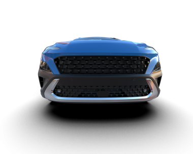 Siyah arka planda mavi kurdeleli bir araba. 3d oluşturma