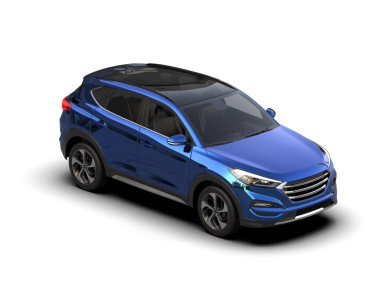 Beyaz stüdyo arka planında 3 boyutlu mavi araba.