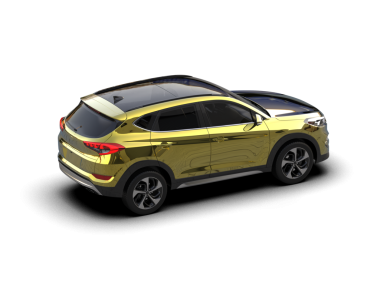 Beyaz arka planda gölgeli sarı bir jipin 3 boyutlu resmi.