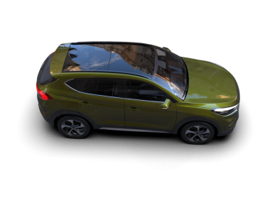 Beyaz arka planda küçük yeşil bir araba izole edilmiş. 3d oluşturma