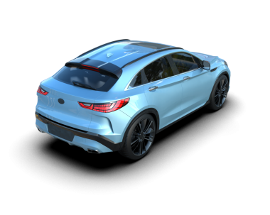 Üç boyutlu modern araba, beyaz arka planda ve stüdyo ortamında siyah.