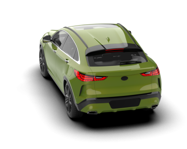 Beyaz arka planda gölgesi olan modern yeşil bir araba. 3d illüstrasyon.