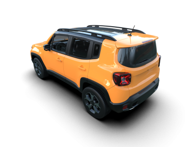 Beyaz arka planda gölgeli modern sarı SUV arabası..