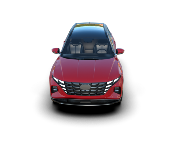 Arka tarafında şehir ışıkları olan kırmızı, modern bir araba. Ön manzara. 3d oluşturma