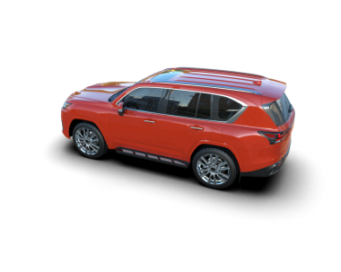 Kırmızı ve sarı çizgileri olan modern SUV beyaz arka tarafta izole edilmiş.