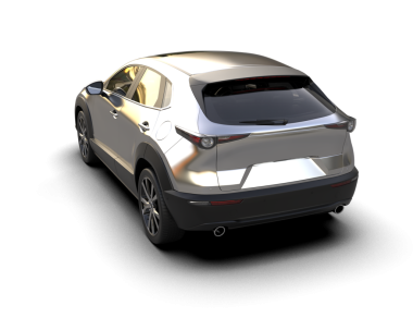 Beyaz arkaplanda izole edilmiş gümüş metalik araba.