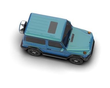 Yeşil çizgileri olan küçük mavi bir minivan. Gri arkaplanda güzel ve parlak gölgelerin gölgesi ile üç boyutlu bir illüstrasyon.