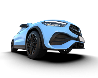 Beyaz arkaplanda izole edilmiş mavi bir arabanın 3 boyutlu görüntüsü