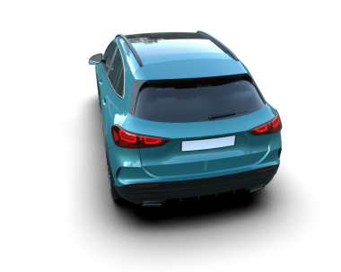 yeşil bir şehrin arka planında modern bir araba