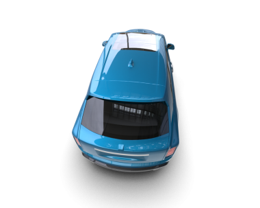 Gri arka planda kendi tasarımınız için boş bir alanı olan mavi bir araba. 3d illüstrasyon.