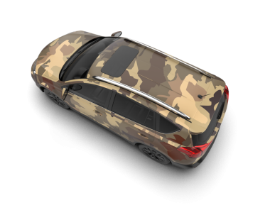 Beyaz arka planda kırmızı kurdeleli bir araba.