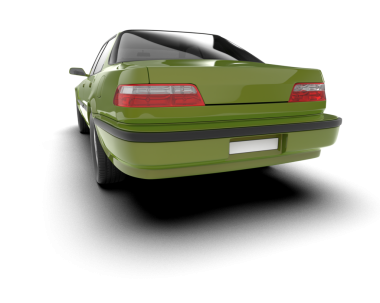 Beyaz arka planda bir araba. 3d oluşturma.