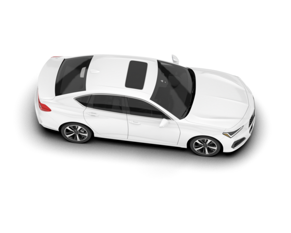 Beyaz pankartı olan beyaz bir araba. Yan görünüş. 3d oluşturma