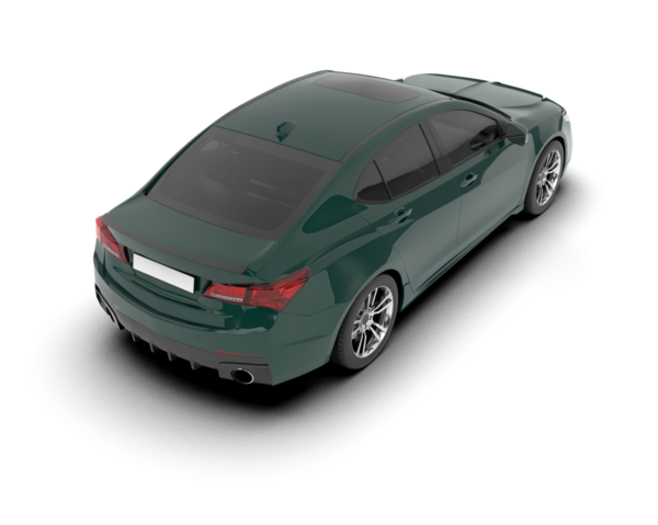 Beyaz arka planda izole edilmiş modern yeşil bir arabanın üç boyutlu resmi