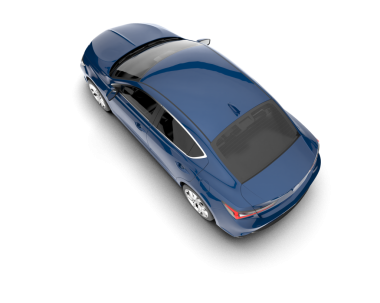 Siyah arka planı olan mavi bir araba. Üst görünüm, 3 boyutlu görüntüleme.