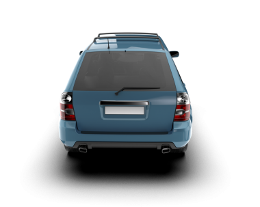 Beyaz arka planda mavi bir araba. 3d oluşturma