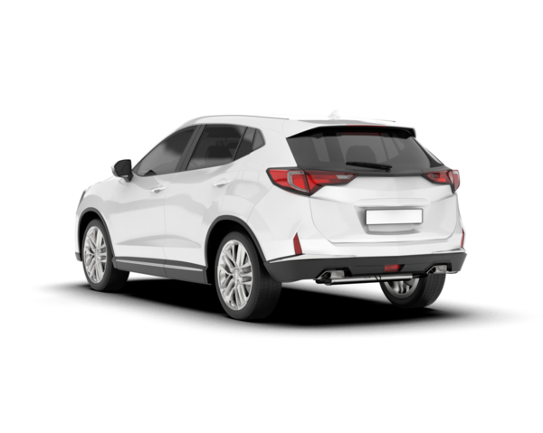 Beyaz arka planda beyaz bir araba. 3d oluşturma