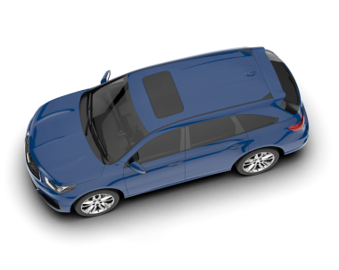 Beyaz sırtlı mavi araba.