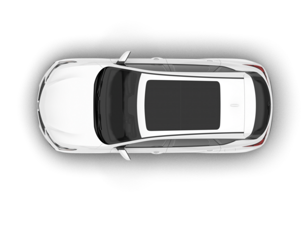 Beyaz arka planda izole edilmiş gerçekçi vektör arabası, yukarıdan görünüyor. 3d oluşturma