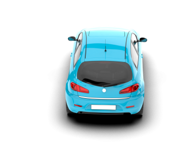 Beyaz arkaplanı olan mavi araba, üst görünüm