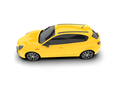 Sarı araba beyaz arkaplanda izole edildi.