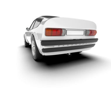 Yansıtıcı bir arabanın beyaz arkaplan perspektifinde 3 boyutlu canlandırması