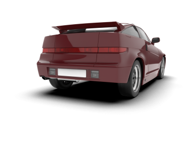 Beyaz arkaplanda kırmızı bir arabanın 3 boyutlu görüntüsü.