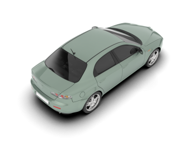 Beyaz arkaplanda yeşil arka planı olan araba 3 boyutlu resimleme