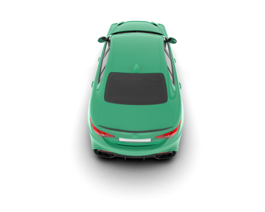 Beyaz izole edilmiş arka planda yeşil bir spor arabanın 3 boyutlu çizimi