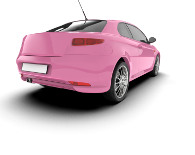 Sırtında beyaz çizgileri olan modern pembe bir araba.