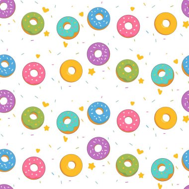 Kusursuz donut deseni. Tatlı yaz resimleri jöleli çörekler. Beyaz arka planda. Hamur tatlısı. Şekilde serpiştirilmiş desen, donut pastası..