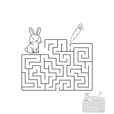 Labirent oyunu anaokulu öğrencilerinin dikkatini çekmek için. Basit ve kullanışlı renklendirme. Tavşanın havuca giden yolu bulmasına yardım et. Vektör illüstrasyonu.