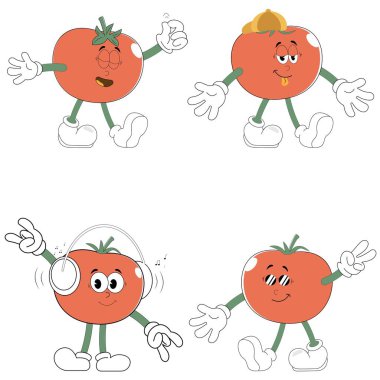 70 'lerin modasına uygun domates takımı maskotu gençleri. Çizgi film koleksiyonu, eski moda karakterler. Vektör illüstrasyonu.