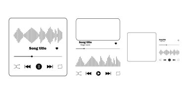 Müzik çalar arayüzü tasarım seti. Yatay yerleşim planı. Vektör grafikleri. Şarkı fotoğrafları için çerçeve ile ses oynatıcı arayüz tasarımı ögesi.