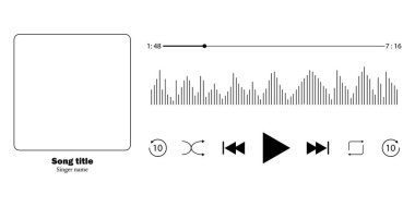 Kompozisyonların fotoğraf çerçevesiyle müzik çalar arayüzü tasarımı. Zamanlayıcı ve ses eşitleyicili farklı düğmeler yükleme paneli.