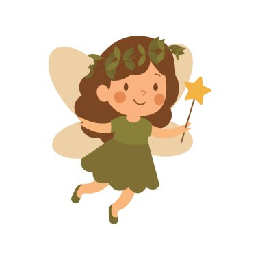 Çocuk tarzı. Düz vektör çizimi. Sihirli değnekle uçan sevimli orman perisi. Beyaz bir arka planda. Tebrik kartı.