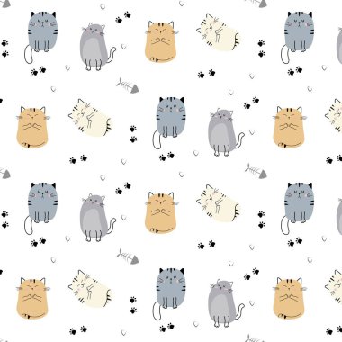 Şirin kedilerle kusursuz bir desen. Bebek yatağı için vektör izi. Çocuk odası için duvar kağıdı. Yazdırılabilir şablonlar