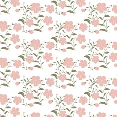 Çiçekli ve küçük yapraklı pastel renkli dallar rastgele saçılmış ve pürüzsüz bir desen oluşturuyor. Vektör çizimi. Soyut sanatsal, sevimli, vahşi çiçek deseni. Tasarım şablonu.