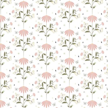 Kelebeklerin pürüzsüz bir geçmişi olan soyut çiçek deseni. Moda tasarımı, kumaş, duvar kağıdı ve baskı için vektör illüstrasyonu. Renkli kelebek vektör duvar kağıdı tasarımlı kusursuz çiçek deseni..