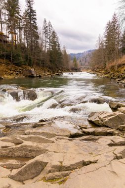 Karpatlar, Ukrayna 'daki muhteşem dağ nehri ve şelale manzarası. Prut nehrinin Yaremche 'deki sonbahar manzarası.
