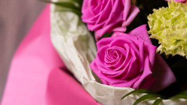 Soluk yeşil karanfillerle çevrili canlı pembe bir gülün yakın çekimi. Çiçek, romantik ve doğa teması için mükemmel..