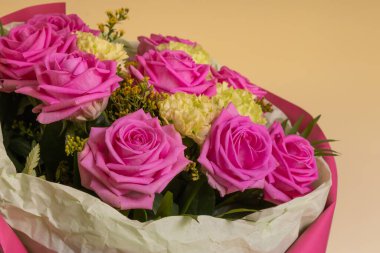 Soluk yeşil karanfillerle çevrili canlı pembe bir gülün yakın çekimi. Çiçek, romantik ve doğa teması için mükemmel..