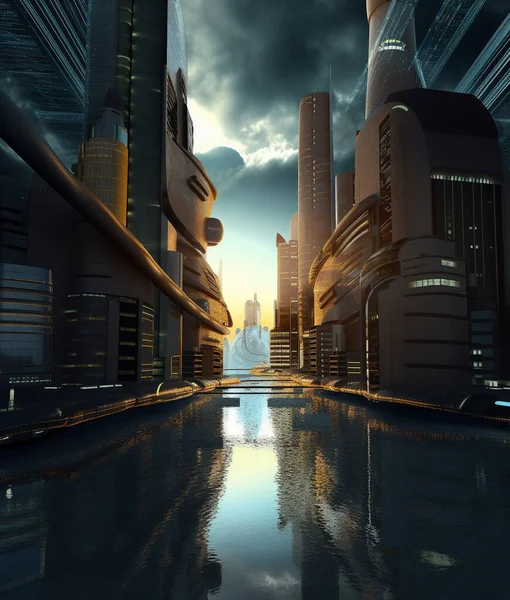 futuristic sci-fi cityscape background, retro-futuristic background