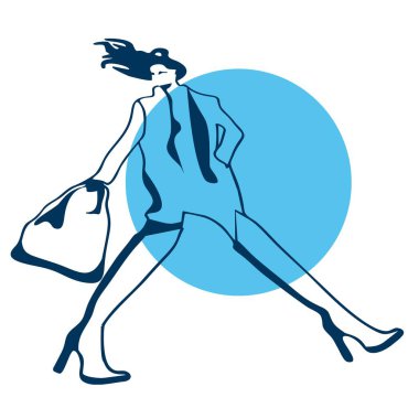 A girl with a big bag, in a coat and boots. Graphics. Illustration on the theme of fashion, active lifestyle, work, business.