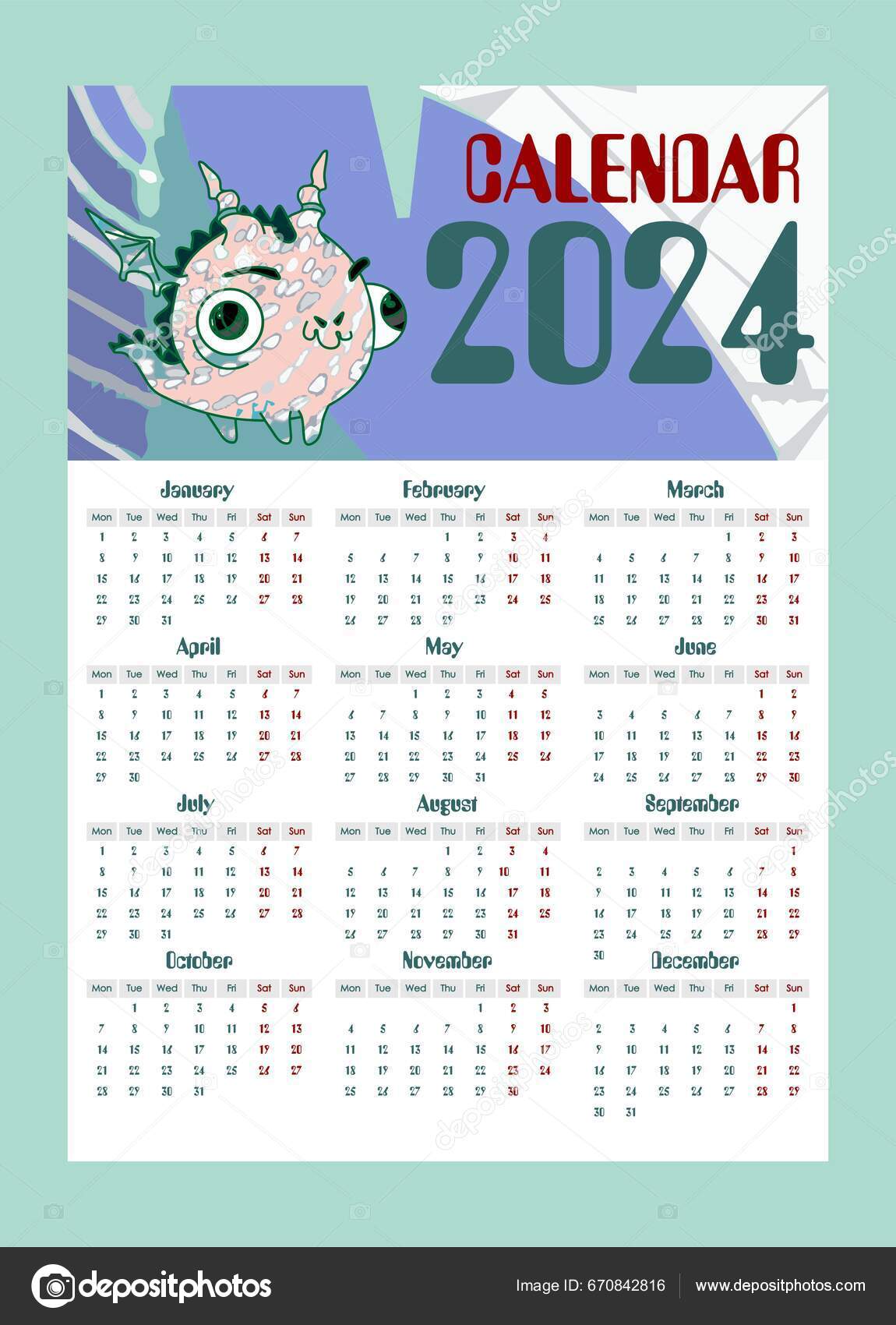 Kalender Für 2024 Mit Drachen Lustige Drachen Symbol Für 2024 Stock