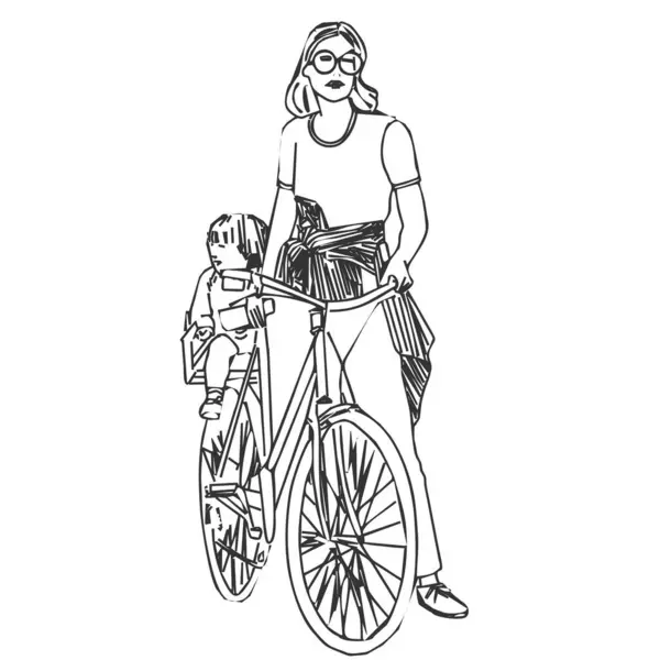Dziewczyna Rowerze Dzieckiem Obraz Graficzny Wektor — Wektor stockowy