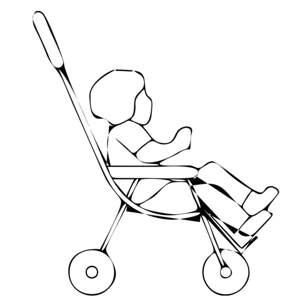Petit Enfant Dans Une Poussette Image Graphique Noir Blanc Vecteur — Image vectorielle